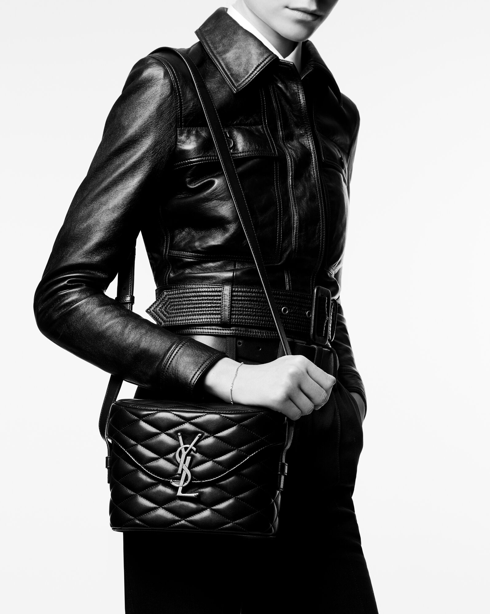 Saint Laurent YSL June Box Shoulder Crosssbody Bag with Flap in Black Lambskin Leather